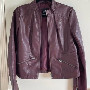 Fitted Maroon Faux Leather Jacket Zipper Details
